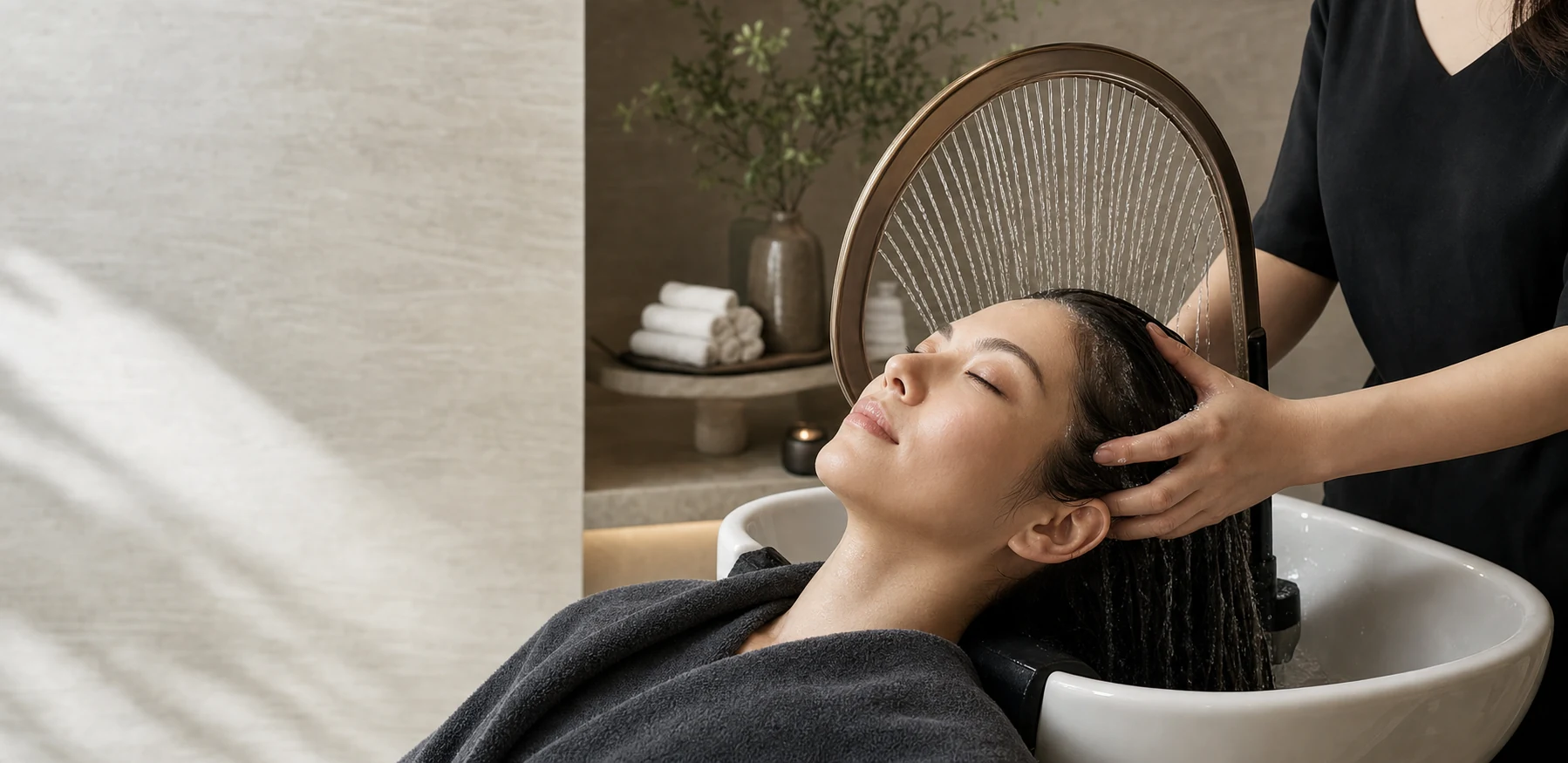 Relaxing Japanese-inspired scalp massage beneath a water halo at DJ Nails & Head Spa
